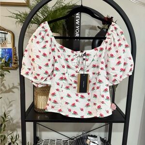 Vero Moda White and Pink Puff Sleeve Crop Blouse size large